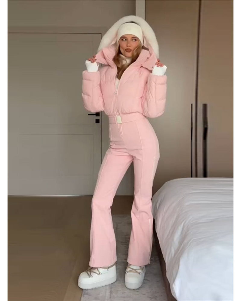 Skianzug Damen Rosa, Wattierter Einteiler mit Fellkapuze