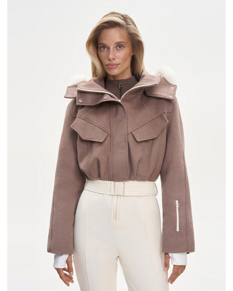 Skijacke Damen aus Wollmischung mit Abnehmbarer Fellkapuze, Creme Taupe oder als Set