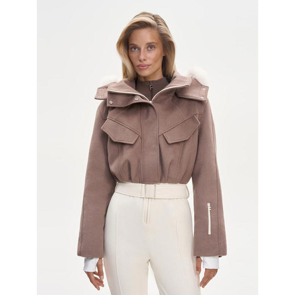 Skijacke Damen aus Wollmischung mit Abnehmbarer Fellkapuze, Creme Taupe oder als Set